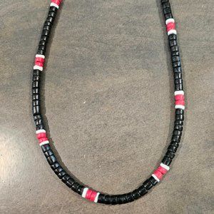 Hawaiian Surfer Black Coconut Shell, White Clam Shell and Red Coco Tropical Neck